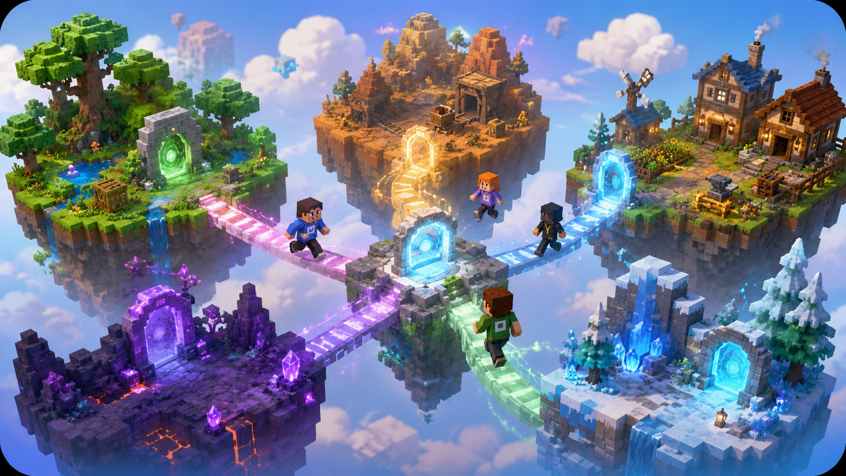 Floating block worlds connected by glowing bridges