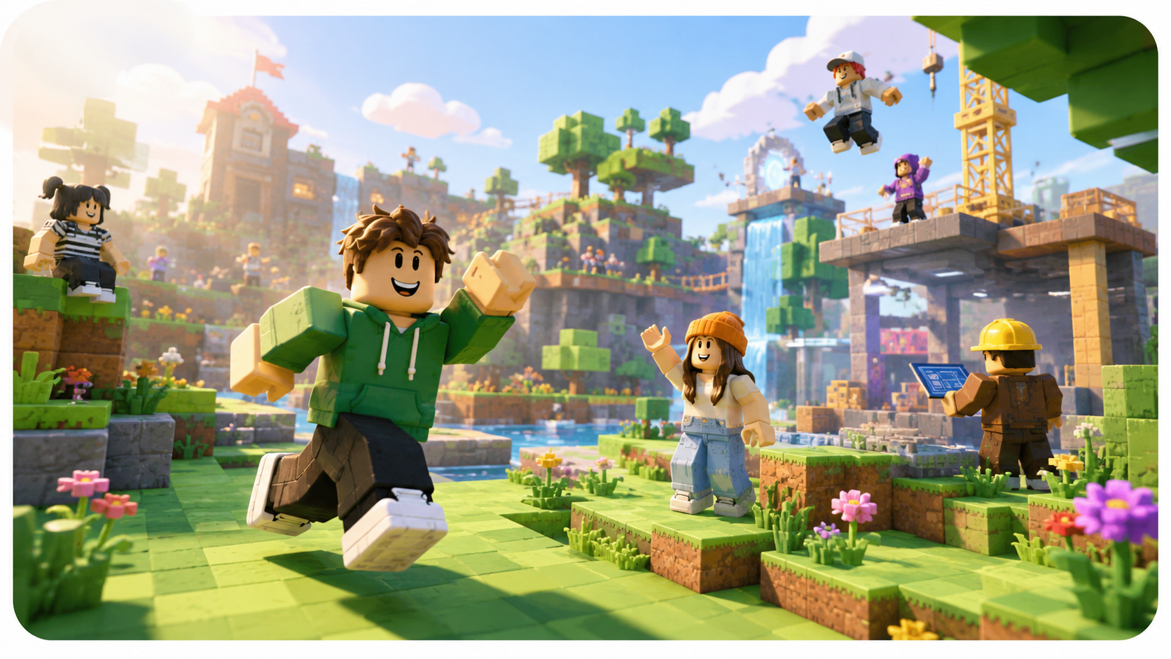 Block-style Roblox-inspired world with players exploring and building